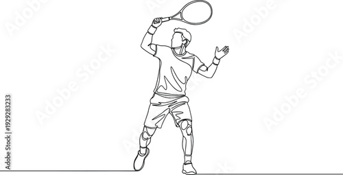 Male athlete playing tennis holding racket and hitting ball in continuous line art minimalist vector sports illustration.