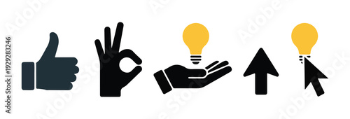 Set of icon gestures: thumbs up, ok hand, hand holding light bulb, and upward arrow cursor