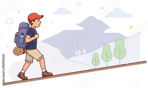 Young Traveler Hiking Mountain with Backpack – Flat Vector Adventure Illustration on White Background