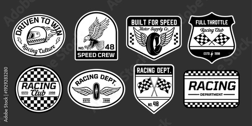 Racing badges vector set with motorsport logos, speed crew emblems, checkered flags, helmets, wings, and retro typography. Perfect for apparel, stickers, branding, and prints.
