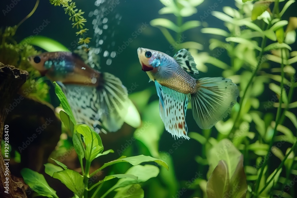 Obraz premium Colorful guppy fish in planted freshwater aquarium