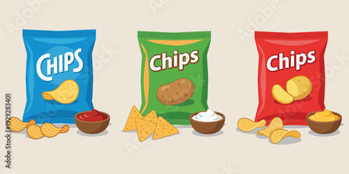 Snack Sensation: A colorful trio of chip packages beckons, each promising a unique flavor experience, complemented by tantalizing dips and crunchy chips, ready to elevate snack time.
