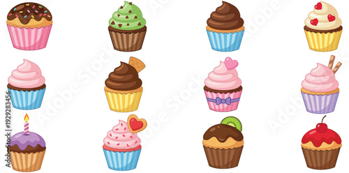 Cupcake Assortment: A delectable collection of cupcakes, each adorned with a unique frosting and topping, creating a visual symphony of flavors and designs.