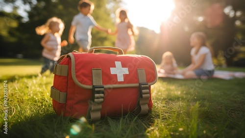 A bright red first aid kit rests safely on vibrant green grass, standing by for potential minor injuries during an active afternoon of outdoor fun and playful family activities in the park.