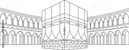 Holy Kaaba and mosque architecture in Makkah Saudi Arabia minimalist continuous line art vector for Islamic pilgrimage.