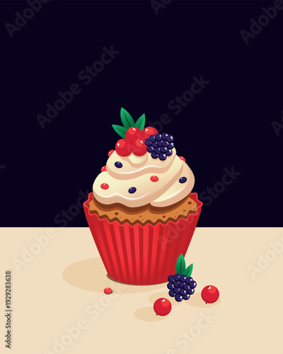 Vintage Bakery Branding Logo with Sweet Cupcake and Fresh Berries