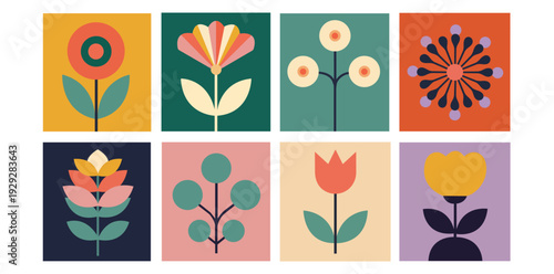 Blooming in Blocks: A vibrant arrangement of stylized floral designs presented in a grid of colorful squares. A celebration of botanical beauty with a retro aesthetic.