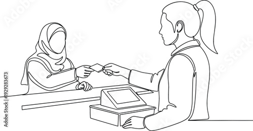 Female cashier receiving credit card payment from Muslim woman wearing hijab at checkout counter minimalist line art vector.