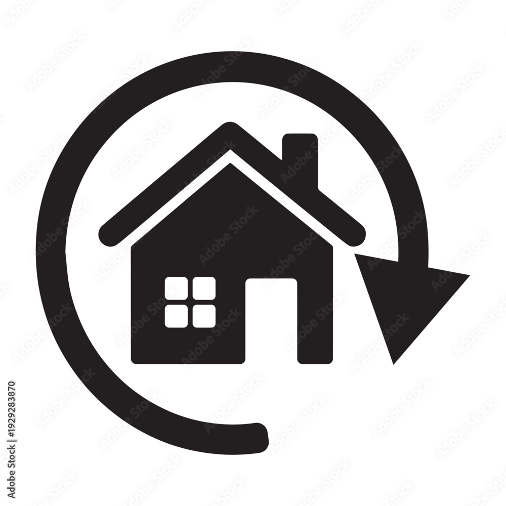 Obraz premium Clean black silhouette icon of a house inside a circular arrow representing home renovation, property rotation, real estate cycles, and house flipping.