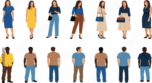 Large group of elegant young woman silhouettes in fashionable short dresses and high heels standing in various confident poses isolated on white background for fashion design beauty 