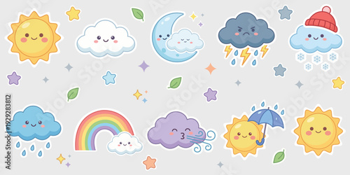 Whimsical Weather Wonders: Adorable weather icons, showcasing the cheerful sun, fluffy clouds, smiling moon, and a radiant rainbow, all bringing a touch of charm and positivity. 
