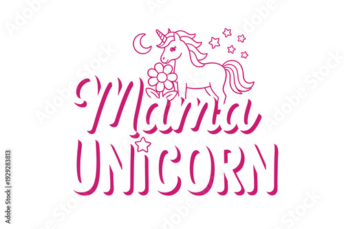 A colorful illustration of a mama unicorn with a flower and stars