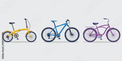 Bicycle Trio: A vibrant array of bicycles, each boasting unique designs, poised against a clean background, symbolizing the versatility and joy of cycling.