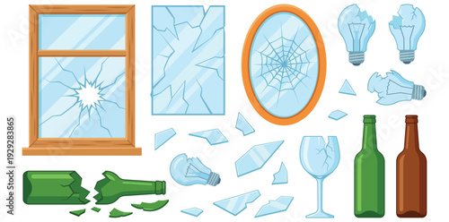 Shattered Fragments of Everyday Objects: An eye-level shot captures a curated collection of shattered objects, each a testament to a moment of impact. The fragments tell a story of destruction.