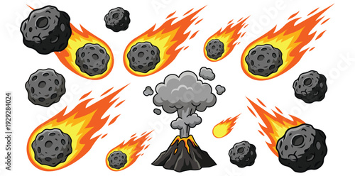 Cosmic Catastrophe: Asteroids blaze across the atmosphere as a volcanic eruption spews forth, showcasing nature's raw power and dramatic events. 