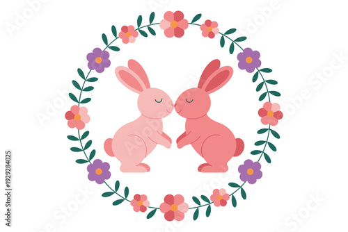 A cute bunny icon illustration of two pink rabbits kissing in a floral wreath