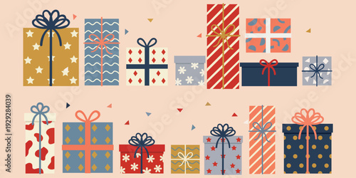 Festive Presents Displayed: A vibrant arrangement of wrapped gifts, each uniquely designed with colorful patterns and bows, exuding a sense of joy and anticipation for a special occasion.