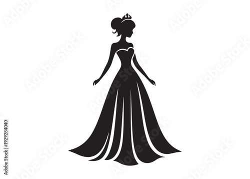 fairytale princess logo silhouette vector, beauty queen head logo silhouette vector, queen logo with a crown on her head, beauty queen luxury dress vector logo silhouette design on white background
