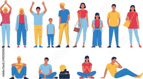 A diverse collection of flat vector characters including men, women, and children in various standing and sitting poses for community, lifestyle, and social concepts.