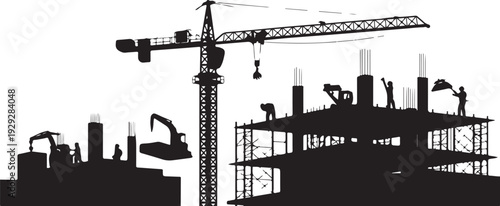 Black silhouette construction site with crane and building