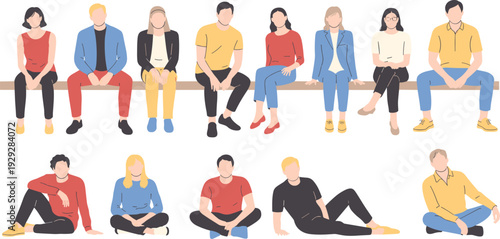 Large collection of diverse flat vector characters sitting and lounging in various poses, perfect for community, social media, teamwork, and modern lifestyle illustration concepts.