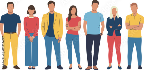 Diverse Group of People Standing Together Wearing Modern Casual and Formal Clothing Flat Vector Illustration Character Set Isolated on Plain White Background Set