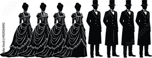 Victorian Era Silhouette Collection Featuring Elegant Women in Bustle Gowns and Gentlemen in Formal Morning Suits and Top Hats for Historical Design Projects