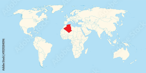 World map illustration with Algeria territory highlighted in red on cream and blue background isolated