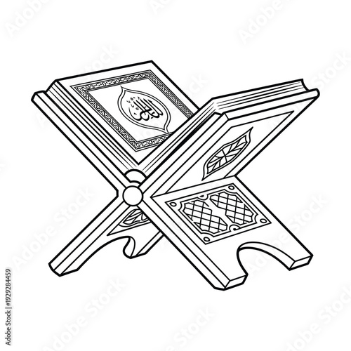 An open quran resting on an ornate wooden stand line art style