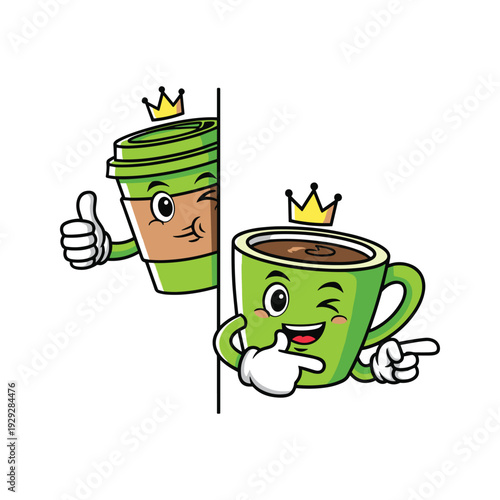 Cartoon coffee cups with crown thumbs up and pointing gesture royalty free illustration