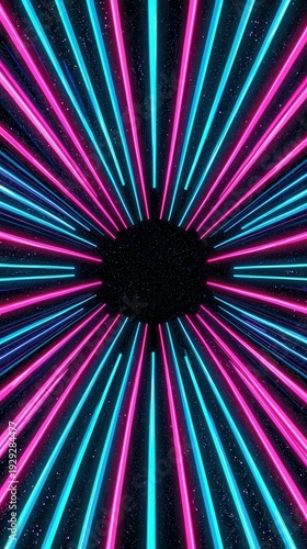 Tunnel of bright pink and cyan neon light beams radiating from  central dark starry point