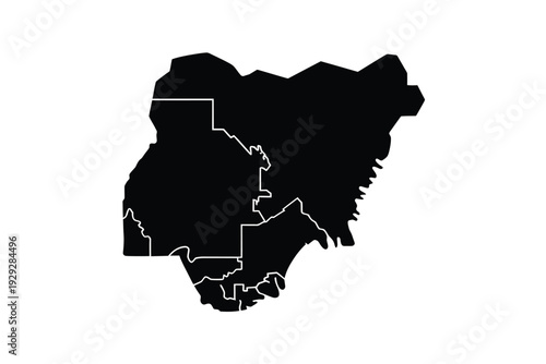 A black silhouette depicting the geographical outline of the nation nigeria