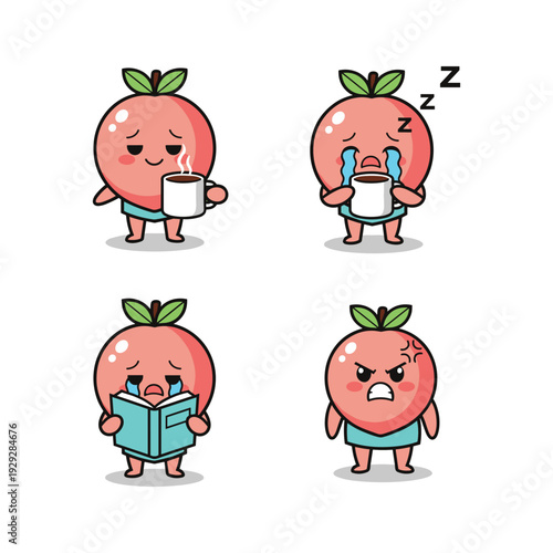 Cartoon peach character experiencing morning routine struggles with coffee, sleep, reading, and frustration