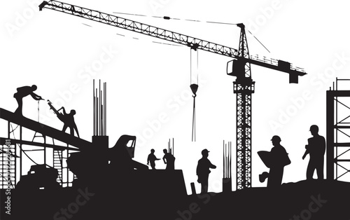 Black silhouette construction site with crane and workers