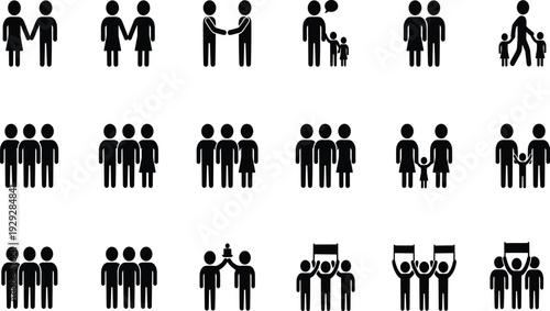 Vector Collection of Family and Social Pictograms Representing Parenthood Childhood Friendship Protests Teamwork and Community Interaction Silhouettes for Graphic Design Human Resources 