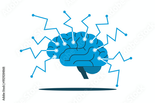 Blue digital brain with connected nodes and radiating lines representing artificial intelligence and neural networks