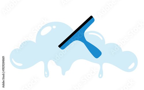 Blue squeegee cleaning light blue bubbly liquid with drips white background water