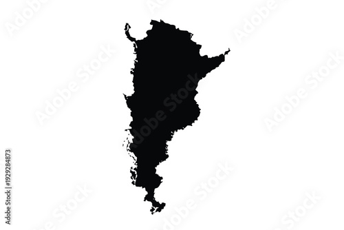 A stark silhouette of south america against a plain white background
