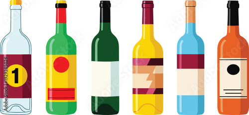 Colorful wine and liquor bottles with various labels wine bottles colorful labels bottle beverage containers
