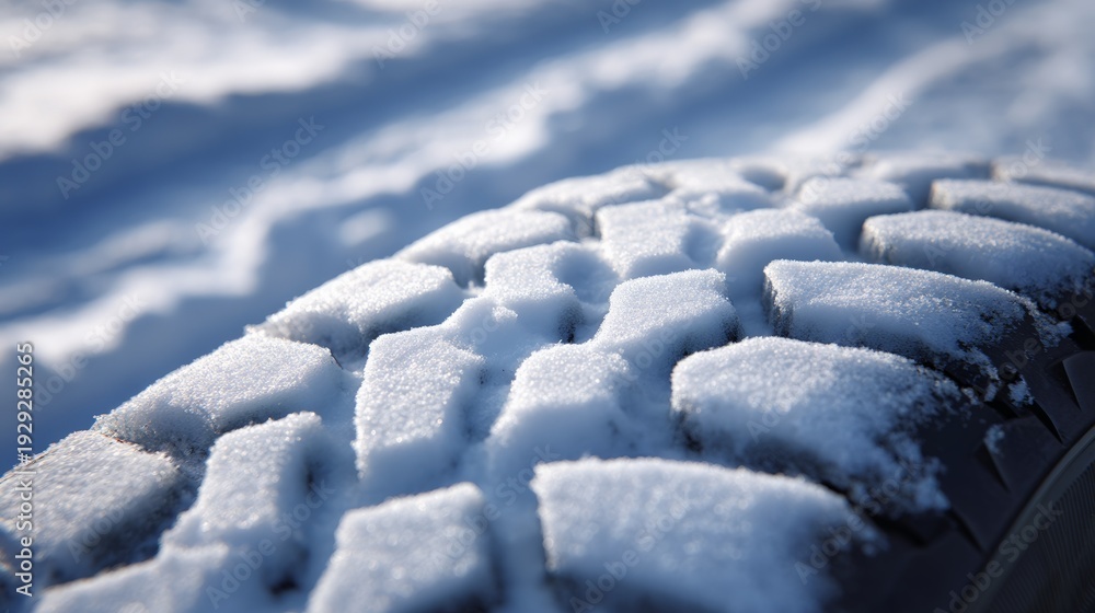 Obraz premium Close up of tire tread covered with snow on icy road