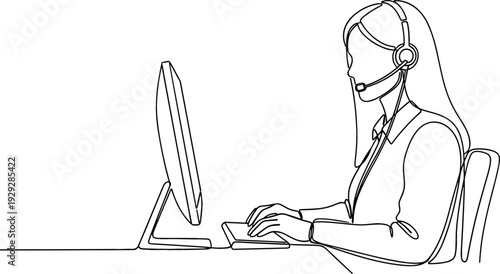 Female customer support representative wearing headset working at computer desk in call center office minimalist vector illustration
