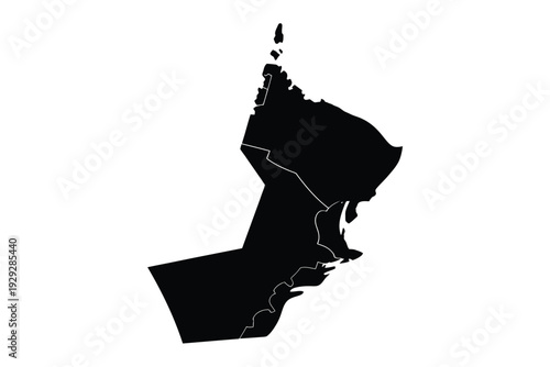 Black silhouette of oman s map against a stark white background