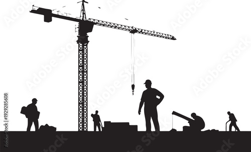 Black silhouette construction site with crane and workers