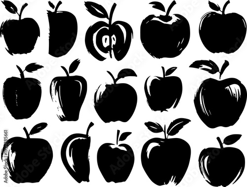 Collection of Black Apple Silhouettes with Brushstroke Texture White Background fruit