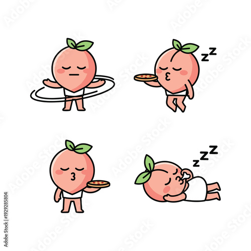 Cartoon peach character exercising and sleeping with copy space
