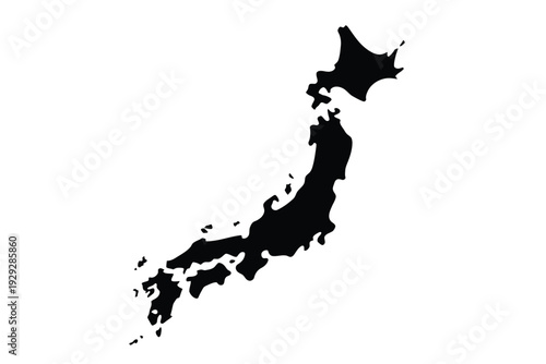 A stark black silhouette depicting the geographical shape of japan