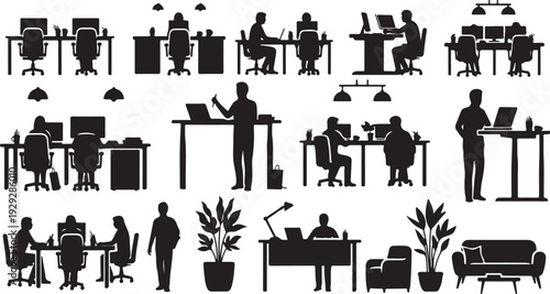 Office Workers Silhouettes in Various Work Settings and Activities Daily