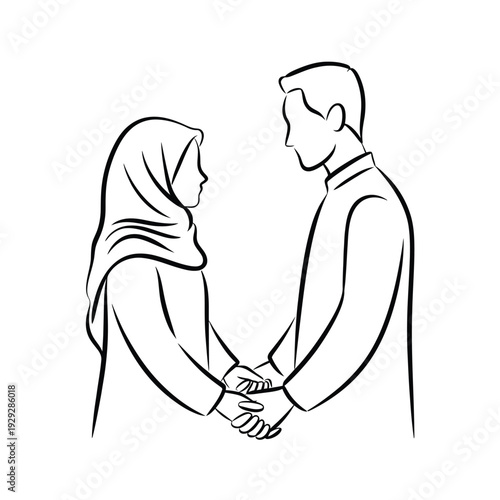 A minimalist line drawing depicts a couple holding hands facing each other