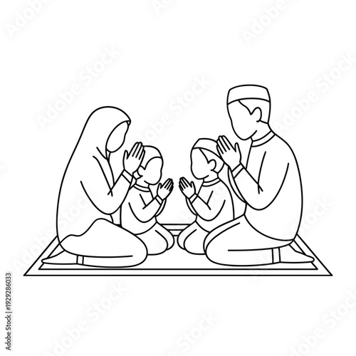 Family praying together in a simple black and white line art illustration