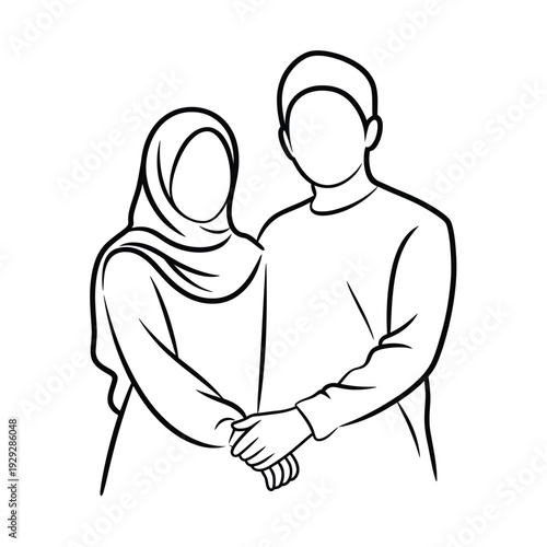 Simple line drawing depicting a muslim couple embracing affectionately